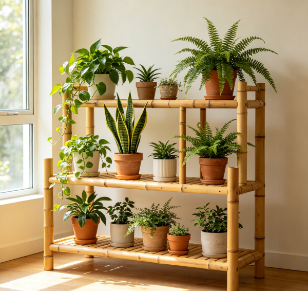 Bamboo Indoor Plant Display Shelf